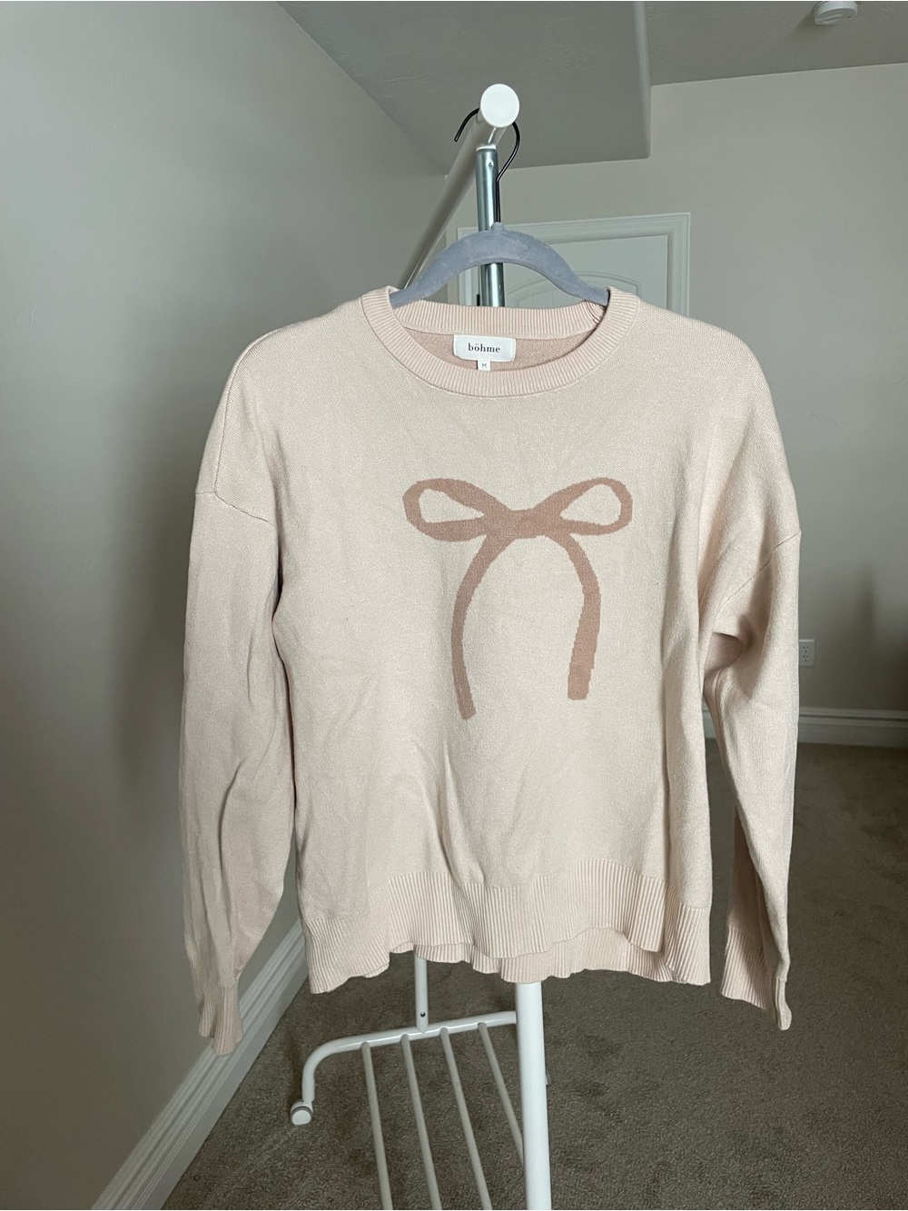 bohme Pale Cream Crewneck Sweater with Tan Bow Graphic